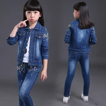 

New 2018 Children Girls Kids Cotton Embroidery Floral Denim Coat Jacket+Pants Clothing Sets Tracksuit For Girls Clothes Set 61