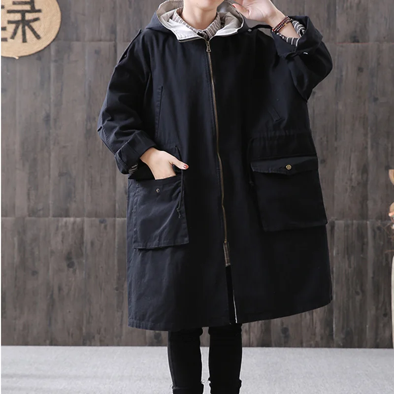 

Plus Size Women's Windbreak Spring Autumn Mid-length Casual Hooded Jacket Tooling Women Clothes Long Female Coat Ladies Outwear