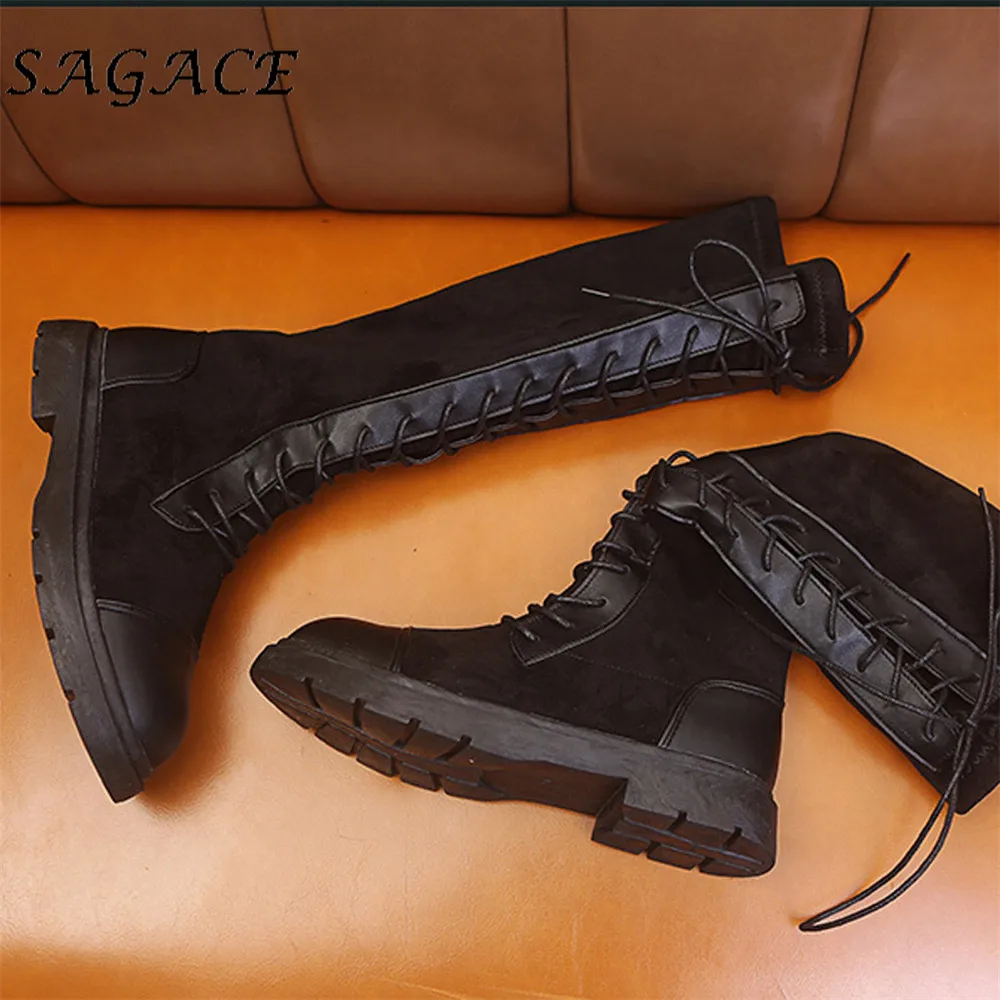SAGACE Shoes ladies High Leg boots plus size women square heels shoes lace up boots ladies boots for winter Fashion flock shoes