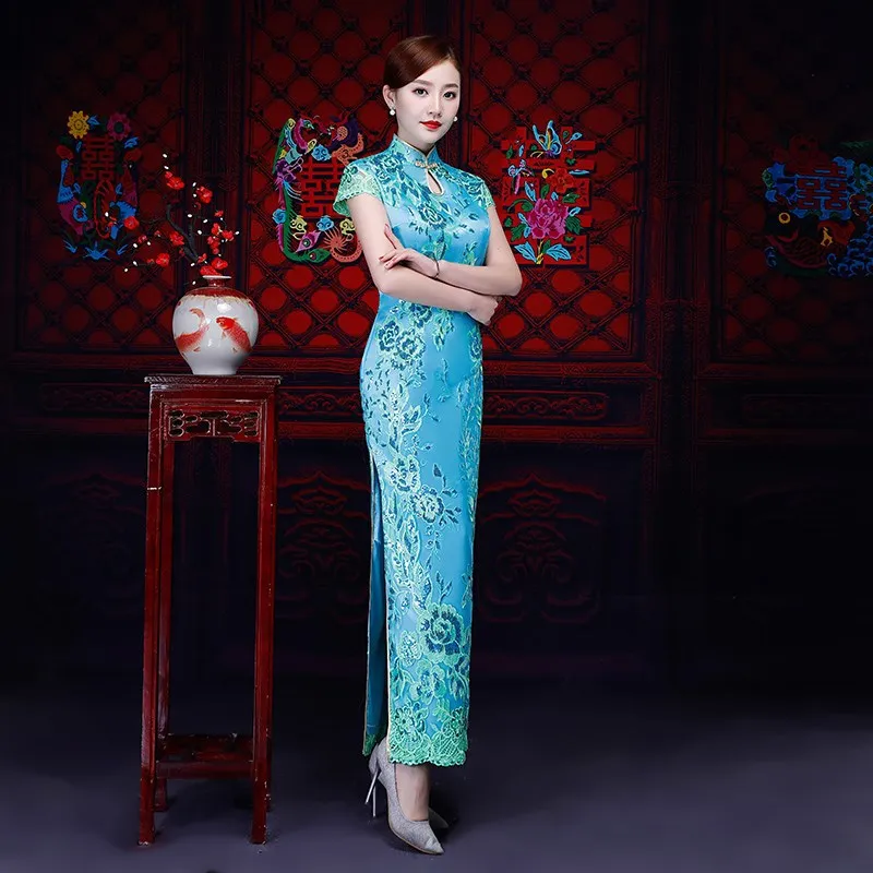 Синее кружевное расшитое блестками сексуальное женское Qipao тонкое китайское Стильное вечернее платье высокого качества дамское цветочное шоу Cheongsam