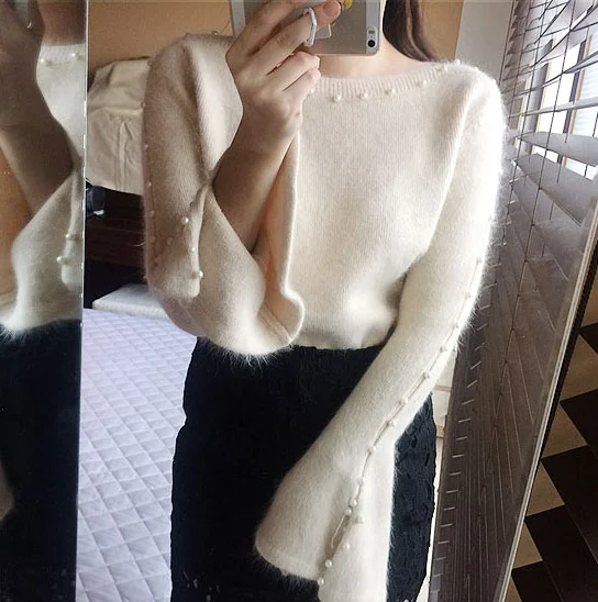 Корейский стиль, с расклешенными рукавами, бисероплетение, с открытыми плечами, Свитера для девушек, Осень-зима, пушистый синтетический норковый кашемировый свитер, пуловер