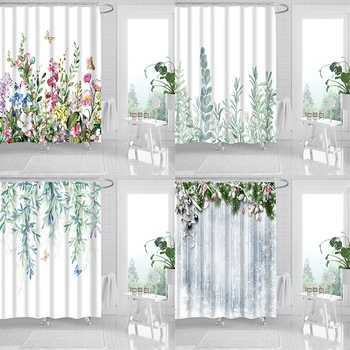 

Modern Simple Curtain with Hooks Waterproof Screen Bathtub Decor for Bathroom Flowers Leaves Pattern Shower Curtains DW333