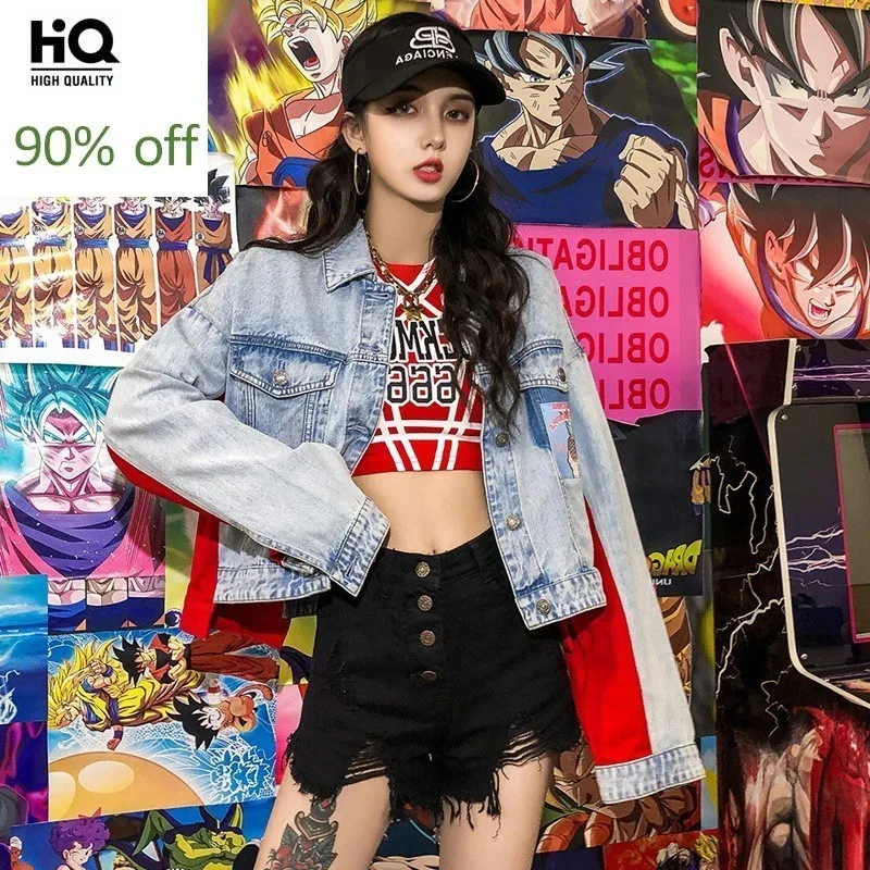 

Korean Panelled Patchwork Womens Denim Jackets Fashion Printed Long Sleeve Single Breasted Casual Short Coats Baseball Uniform