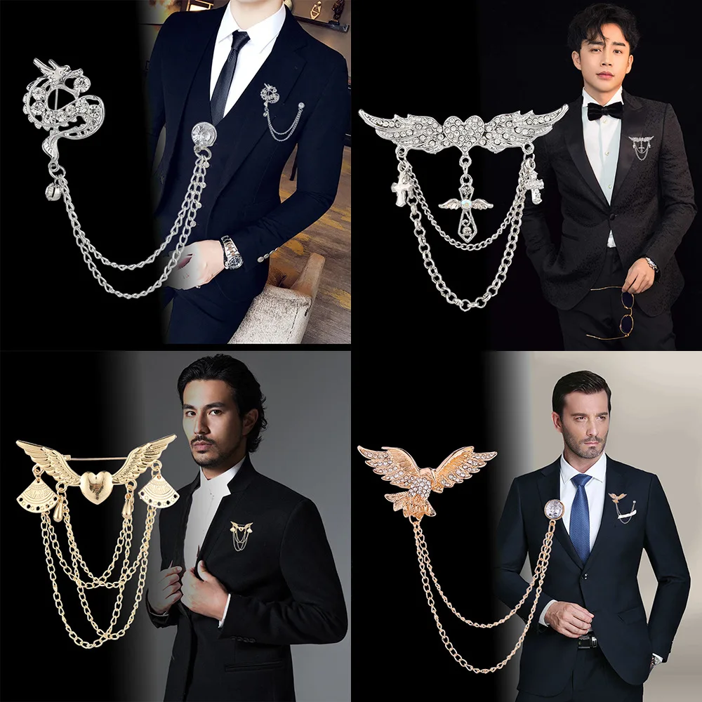 Korean High grade Crown Animal Brooch Rhinestone Angle Wings Tassel Chain Lapel Pin Men's Suit