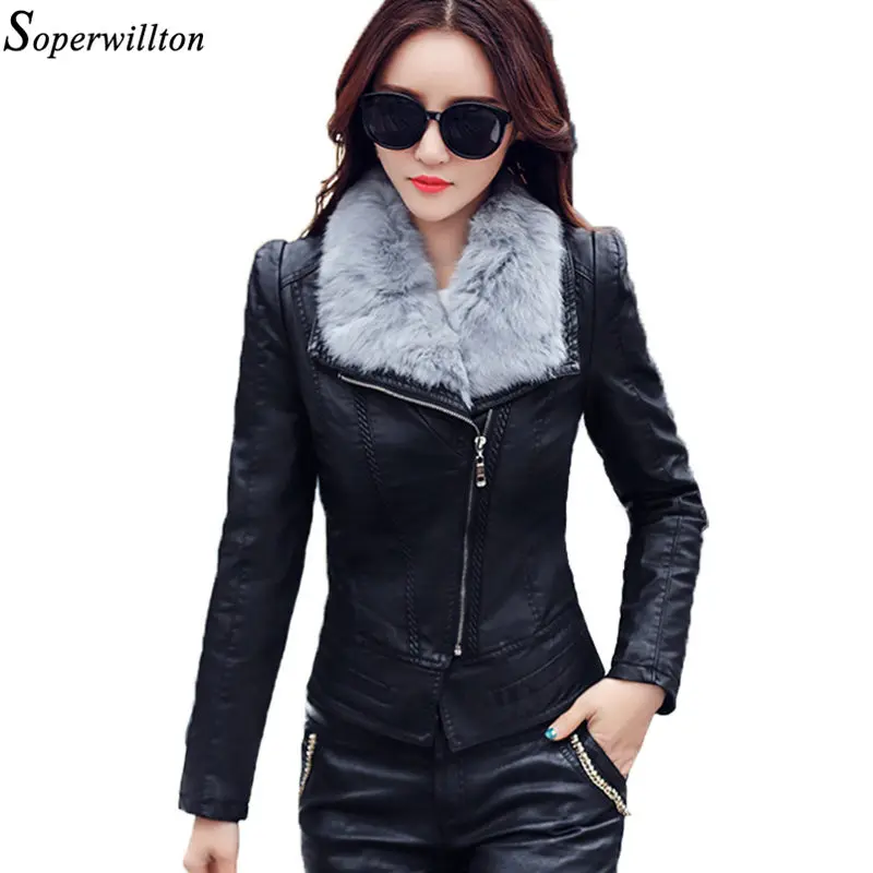 

Winter Leather Coat Women Thick Warm Short Jacket Long Sleeve Real Rabbit Fur Collar Outerwear Faux PU Leather Biker Streetwear