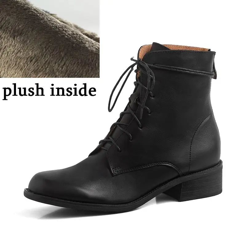 plush inside ALLBITEFO/женские ботинки из натуральной кожи; удобные ботильоны с круглым носком; сезон осень-зима; модные кожаные ботинки - Цвет: plush inside
