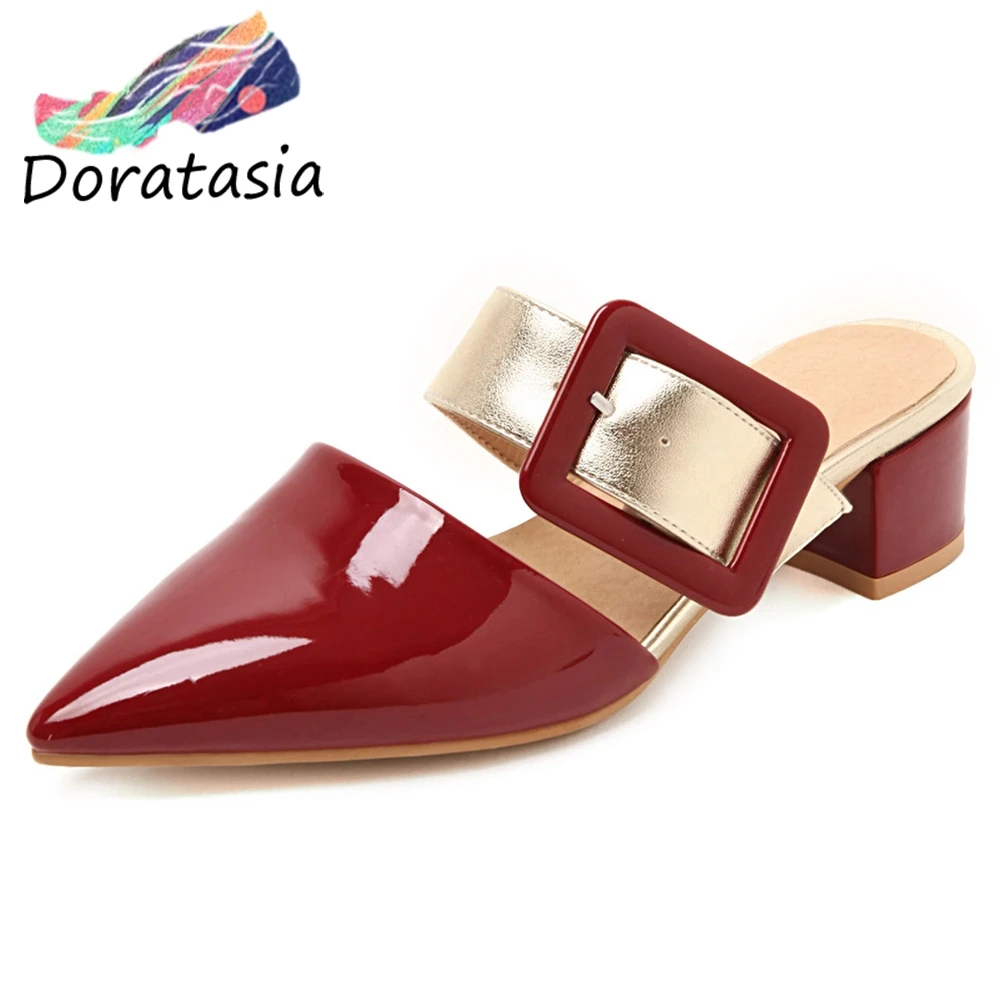 

DORATASIA 34-48 Girl Elegant Buckle Decorating Mules Summer Fashion Pointed Toe Pumps Women Holiday Med Heels Shoes Woman