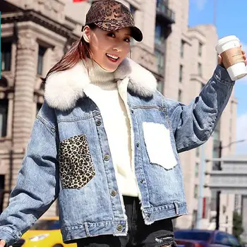 

Women Leopard Patchwork Jean Jacket Female Boyfriend Bomber Denim Coat Fur Collar Basic Ladies Top