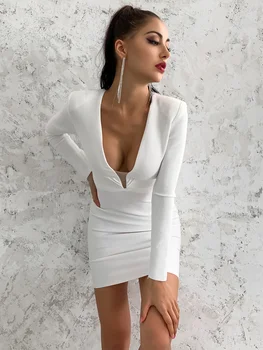

Vero Sinly 2020 Winter Sexy Long Sleeve V Neck Mesh White Women Bandage Dress Designer Fashion Evening Party Dress Vestido