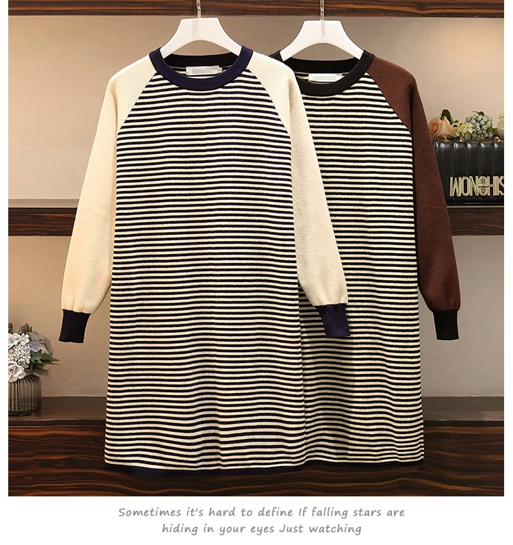 XL-4XL плюс размер Женский Длинный трикотажный свитер платье зима мода длинный рукав пэчворк полосатый Свободный Повседневный теплый пуловер