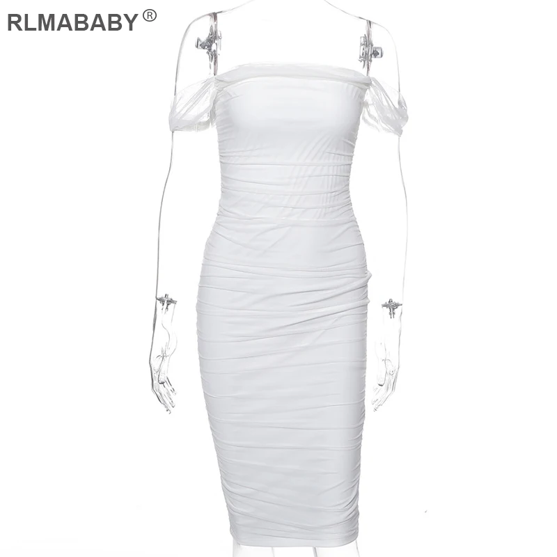 White Dress RLMABABY сексуальные платья без бретелек складчатый белое платье Для женщин Повседневное с открытыми плечами облегающее платье белое платье с двойным Слои Ruched Клубные вечерние платья - Цвет: White Dress