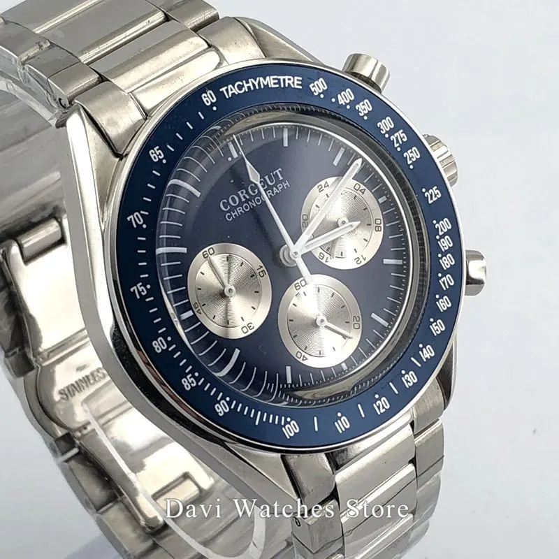 Corgeut кварцевые мужские часы синий циферблат синий ободок светящийся Хронограф Функция 40 мм полированный чехол наручные часы