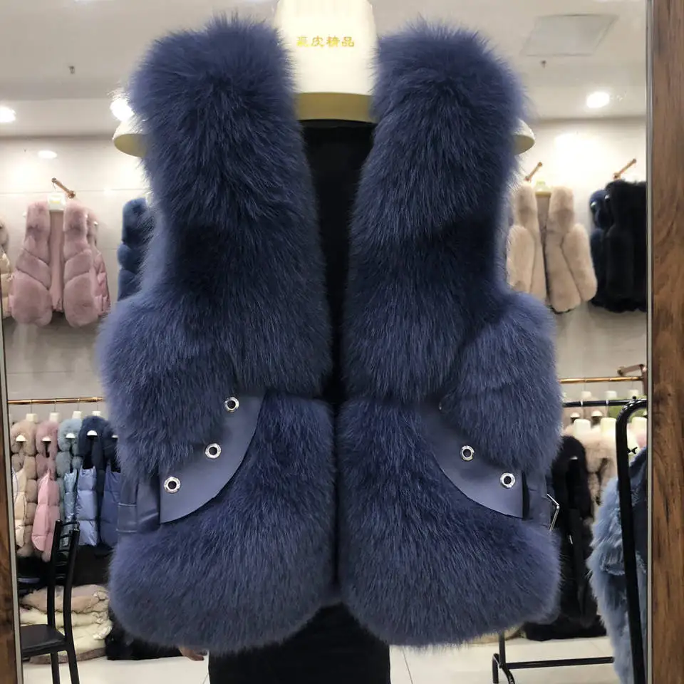 Женские зимние пальто жилетки из натурального Лисьего меха модные короткие меховые жилеты с кожаными заклепками женская натуральная меховая жилетка куртка N131
