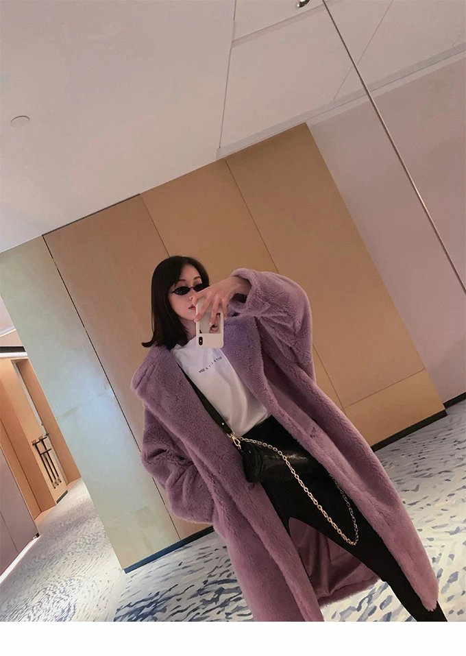 purple long Шерстяное длинное пальто с овечьей шерстью, женская теплая верхняя одежда большого размера из овечьей шерсти JN947 - Цвет: purple long