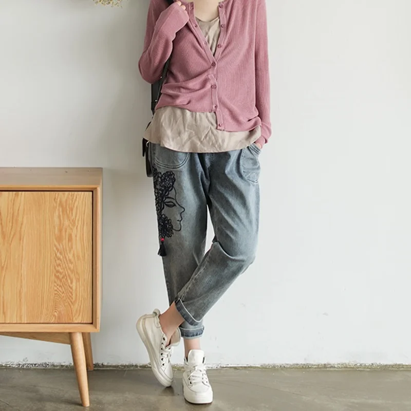 Jeans High Waist Women Spring Autumn Casual Loose Embroidery Jeans Woman Patchwork Denim Trousers Vintage Harem Pants AA5163