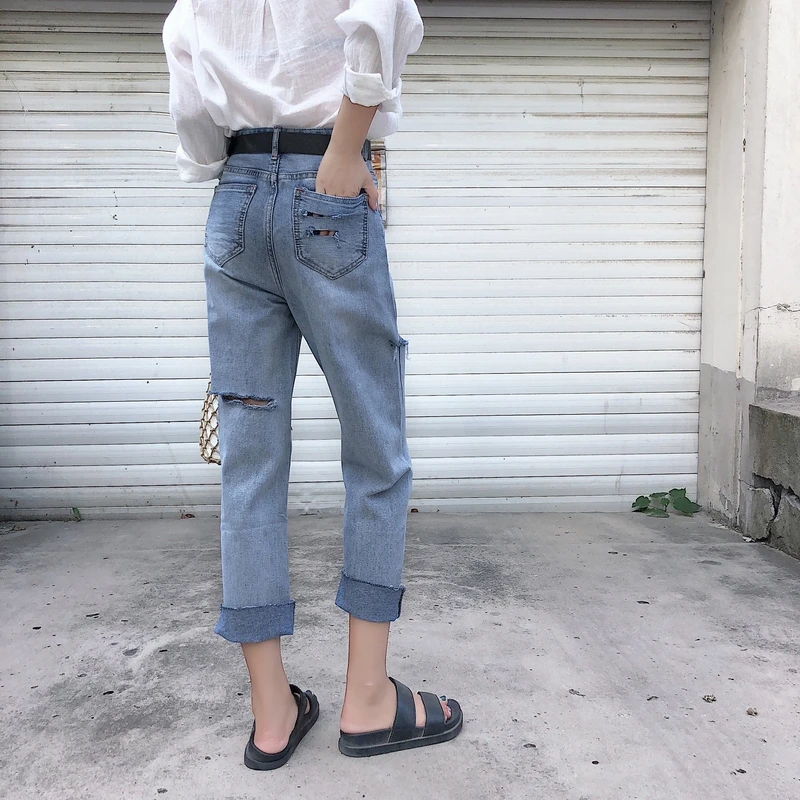 Spring High-waisted Loose-Fit Slimming Jeans Women's Korean-style New Style Washing Students Casual Capri Pants Fringed Straight