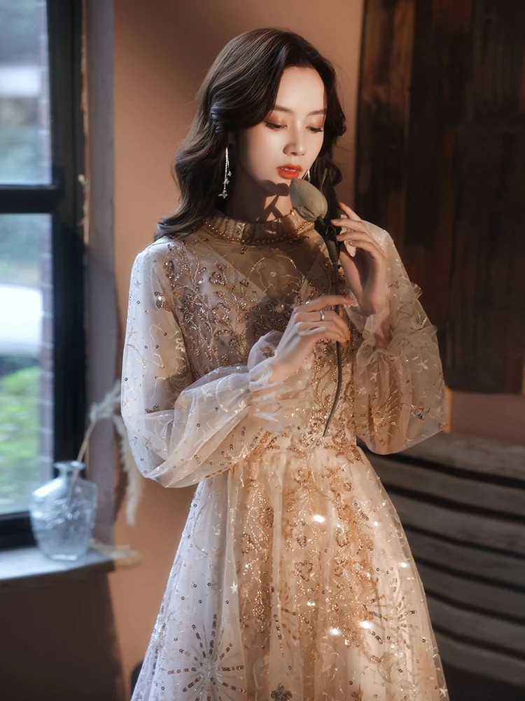 Gorgeous Champagne Evening Dress Stand Collar Full Sleeve