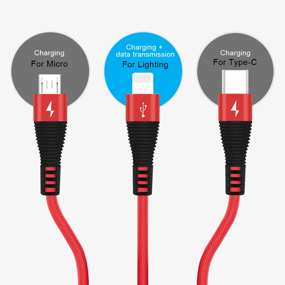 1.2M 3 in 1 USB Cable For iPhone 8 7 6 11 Micro Type C USB Cable For Samsung S7 S8 Mobile Phone USB Charging For Xiaomi Redmi