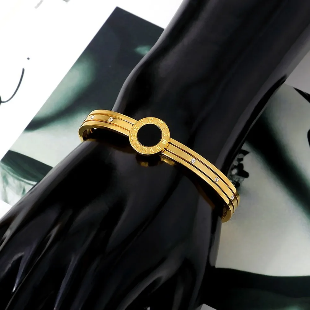 Браслеты для женщин, нержавеющая сталь, ювелирный браслет, черный круглый брендовый браслет, стразы, пряжка, золотой браслет, ювелирное изделие