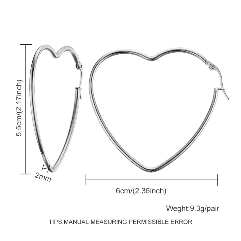 Модные серебряные серьги-кольца из нержавеющей стали для женщин 10 мм 80 мм Большой Круг круглая петля креольские серьги ювелирные изделия Букле д 'ореиль - Окраска металла: 6cm heart
