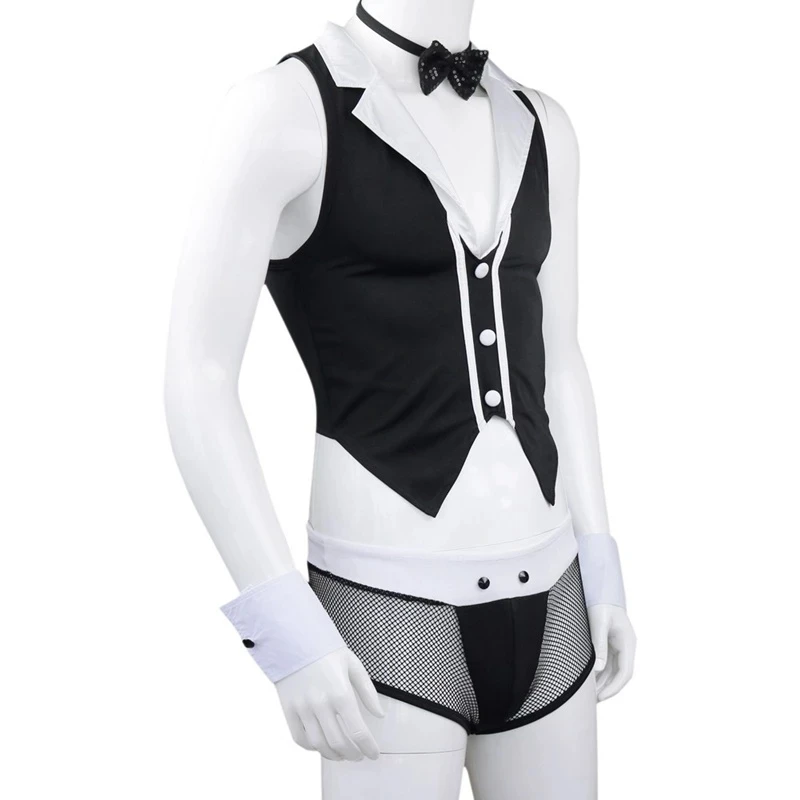 Mens Sexy Maid Role Play Cosplay Costume Outfits Tops Boxer Briefs Underwear with Collar Handcuffs Lingerie Set Halloween Coats