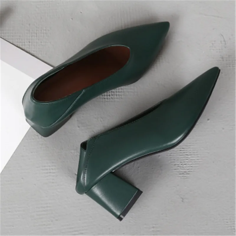 Comfortable Pointed Toe Pumps Single Shoes Women 2020 Spring New Thick Heels Soft Leather Grandma Shoes Retro Office Lady Shoes  (17)