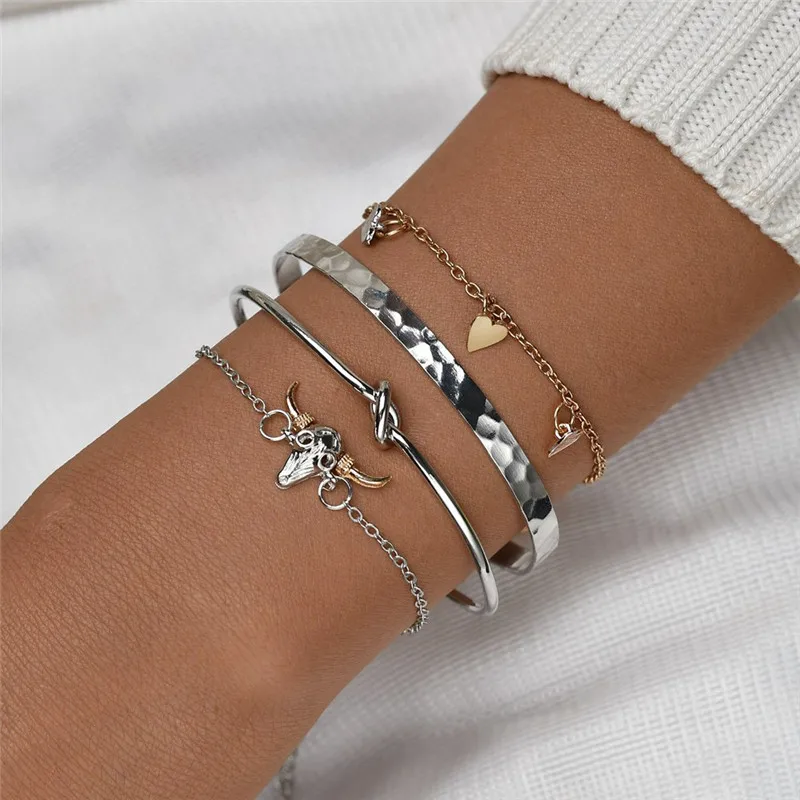 Модные панковские Многослойные браслеты-цепочки и браслеты, 4 шт./набор, браслеты с быком для женщин