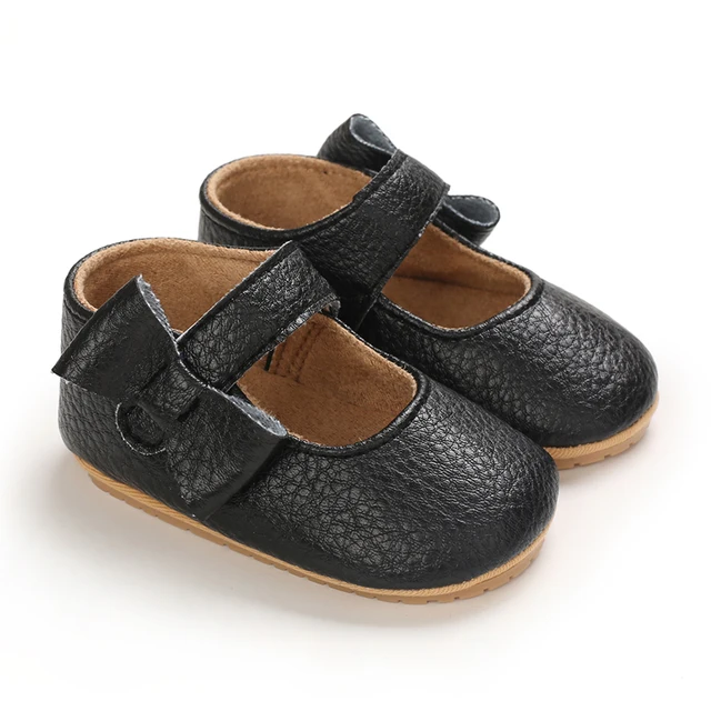 Infant Newborn Baby Girls Princess Non-Slip Floral Border Shoes Toddler Baby Soft PU Leather Prewalker Shoes Solid First Walkers D40 Black