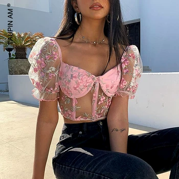 

TAUPIN AM Summer T Shirt Women New Arrivals Sexy V Neck Pink Sweet Long Transparent Mesh Sleeves Embroidery Flowers Women Top