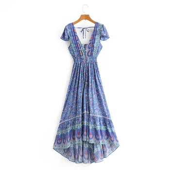 

Drop-shipping Bohemian Long Dress V Neck Ruffled Sleeve Lace Up Floral Print Maxi Hippie Holiday Vestidos Women DressesCotton