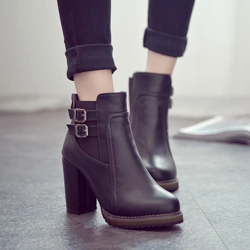 

2019 Fashion Women's Boot Winter Platform Boots Square High Heel Female Footwear Ankle Boots For Women Shoes Metal Military Boot