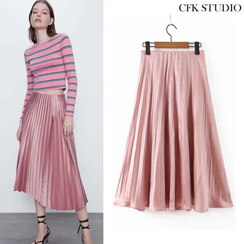 

ZA New Women Midiskirt with High Waist Solid Pleated Midiskirt 2020 New Summer Pink Elegant A-line Casual Loose Midiskirt