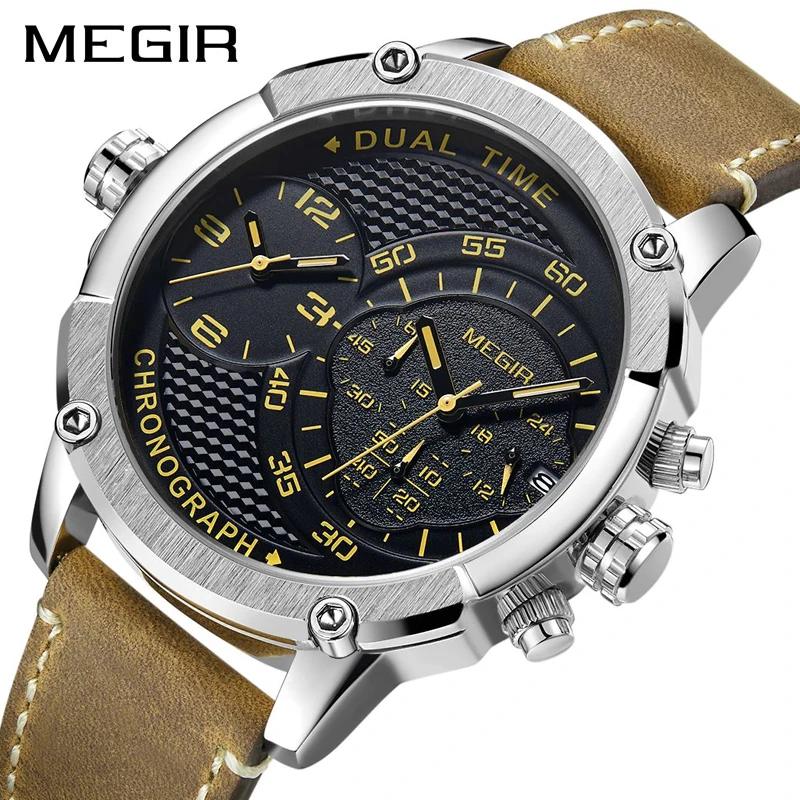 MEGIR New Design Waterproof Sports Quartz Watch Fashion Luxury Army Military Watches Men Dual Time Zone Clock Relogio Masculino