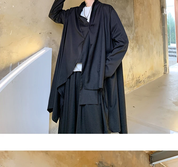 Men Japan Style Streetwear Gothic Irregular Windbreaker Jacket Kimono Cardigan Male Black Trench Coat Outerwear Stage Clothes