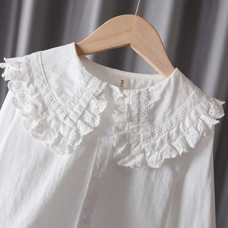 Spring 100% Cotton Lace Top White Blouse Summer Shirt Korean Baby Long Sleeve Tops Boys Shirts School Girls Blouses Camisas