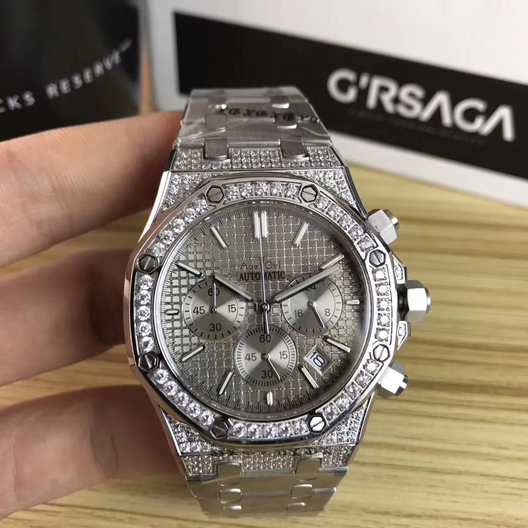 Full Silver Лучшие Роскошные брендовые новые мужские часы кварцевые хронограф Moon Phase Сапфир из нержавеющей стали с бриллиантами светящиеся черные синие часы - Цвет: Full Silver