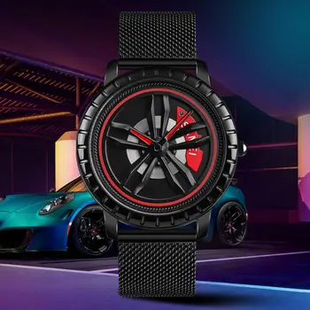 

SKMEI1634 Men Quartz Watches Luxury Car Wheel Rotating Dial Creative Watches Waterproof Casual Steel Wristband Relogio Masculino