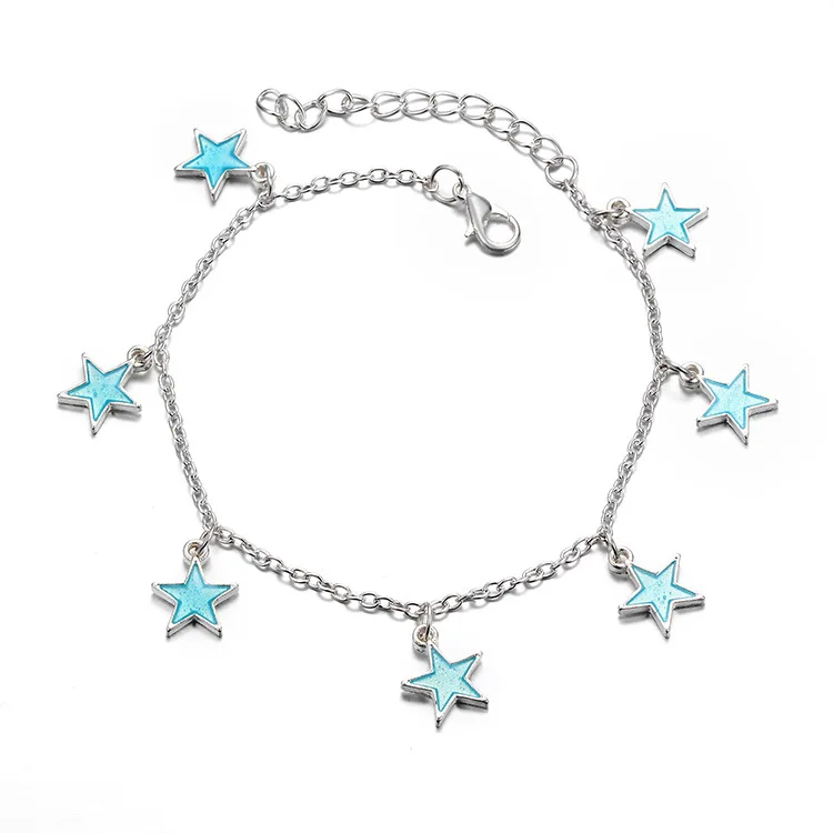 Европейский и американский Дамский пляжный модный синий Ночной свет пятиконечная звезда браслет на ногу с кисточками ночник пятиконечный ножной браслет со звездой A