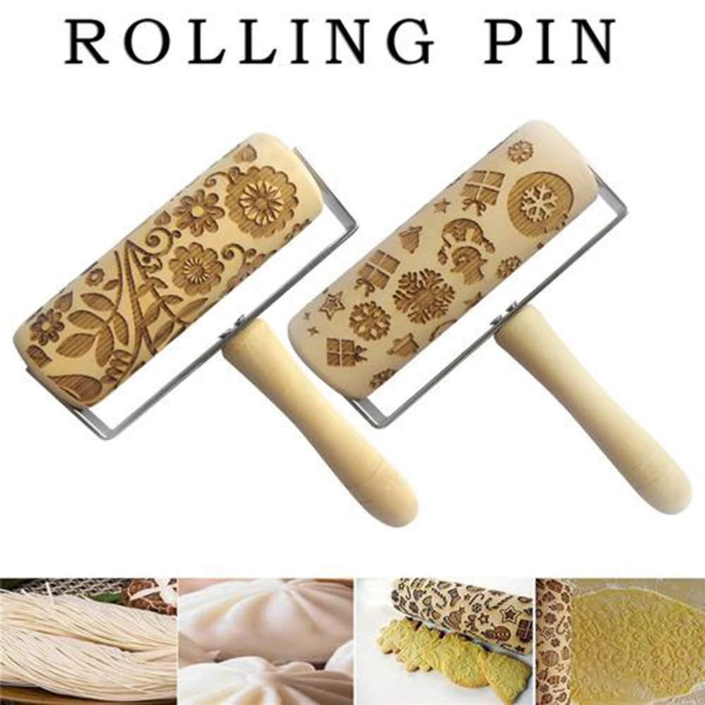Christmas Dog Deer Wooden Rolling Pin Embossing Baking Cookies Biscuits Fondant Cake Pasta Noodles Patterned Snowflake Roll