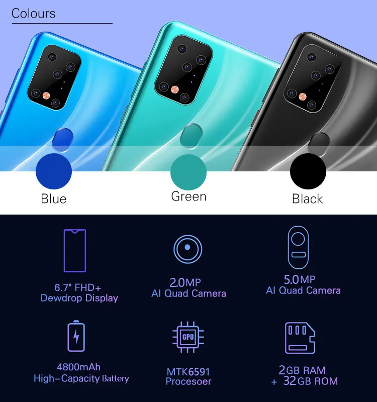 SOYES S20 Plus Mobile Phone Android Smart Face &Fingerprint Unlock 6.7inch 2GB+32GB 2 Sim Card Smartphone Phone 4800mAh