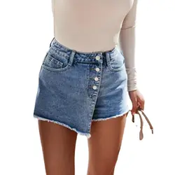 Short Denim à boutonnage droit pour femmes, taille haute, boutons, volants, jupes féminines, été, 2021 