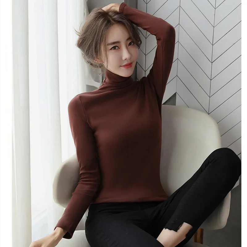 slim black white velvet thick turtleneck T shirt women long-sleeved soft T-shirt autumn 2020 new slim plus size top harajuku