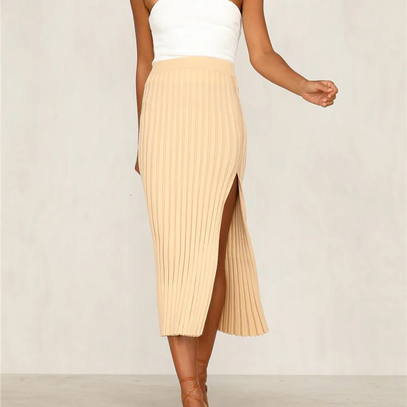 Women Sexy Ribbed Knitted Maxi Skirt Asymmetrical Solid High Waist Split Skirt Stretch Pleated Bodycon Skirt