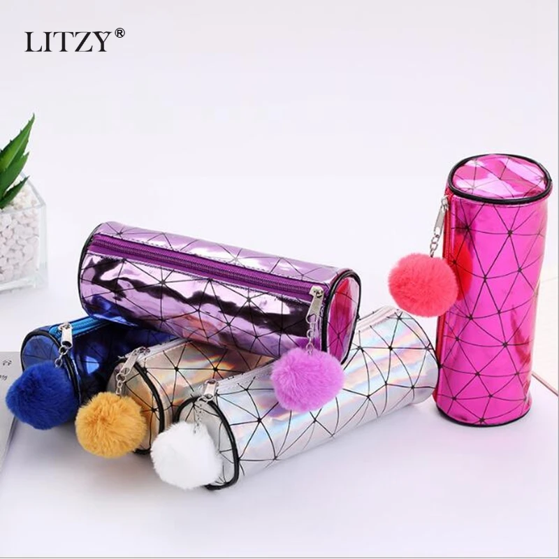 

Holographic Iridescent Laser Pencil Case for Girls Boys PU Cute Cylinder Hairball Pencil Box Bag School Supplies Stationery Gift