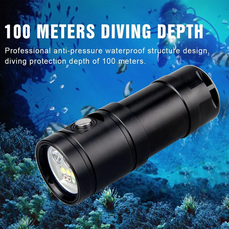

New Diving Led Flashlight Underwater 100m Lanterna Scuba Dive Torch Rechargeable photography Video fill Light With 395n UV LED