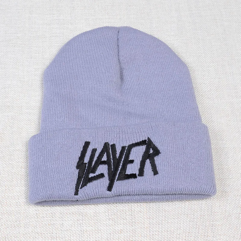 Новая Кепка SLAYER rock для мужчин и женщин, теплая зимняя, вязаная шапочка из хлопка с вышитыми буквами, стиль хип-хоп, лыжные шапочки Skullies, Кепка - Цвет: Серый