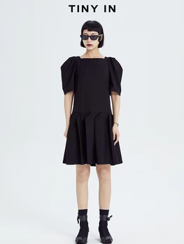 

SuperAen Large Puff Sleeve Dress Cotton Blend Medium Length A Line Solid Original Design Black and White Dress Women