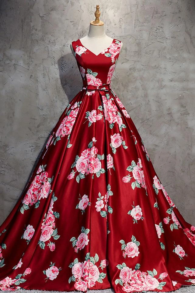 red floral prom dress
