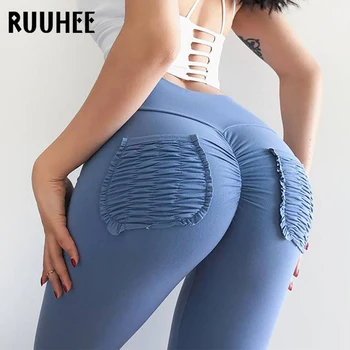 

RUUHEE 2020 Tight Leggings Sports Women Fitness High Waist Pleated Yoga Pants Solid Stretch Gym Leggings Slim Push Up Leggings