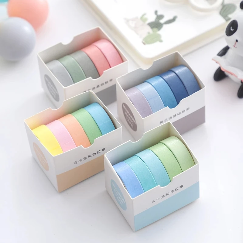 5Rolls/Set KawaiI Geometry Solid Color Washi Tape Decorative Masking Cute Scrapbooking Adhesive Office School Stationery Supplie - 5
